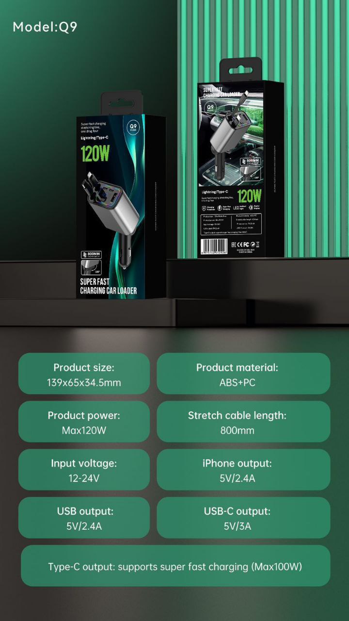 Q9 120W Car Retractable Charger