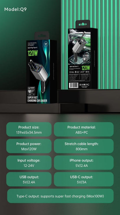 Q9 120W Car Retractable Charger